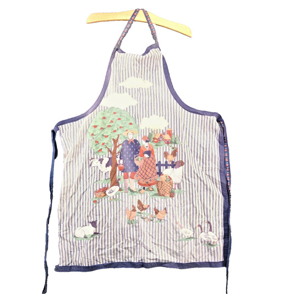 Unbranded Bib Apron Country Farm Apple Tree Animals Multi Striped - Picture 1 of 14